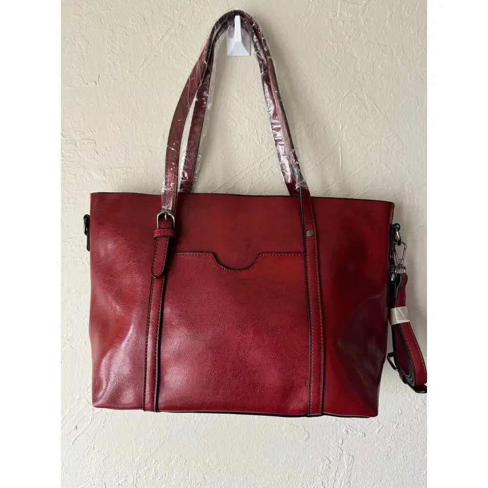 NWOT Elegant Faux Leather Tote with Removable Long Strap in Burgundy